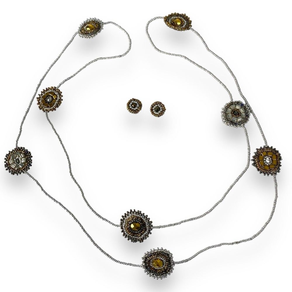 Beaded Necklace & Earrings Set Silver Bronze Chain‎ Long Layered Jewelry